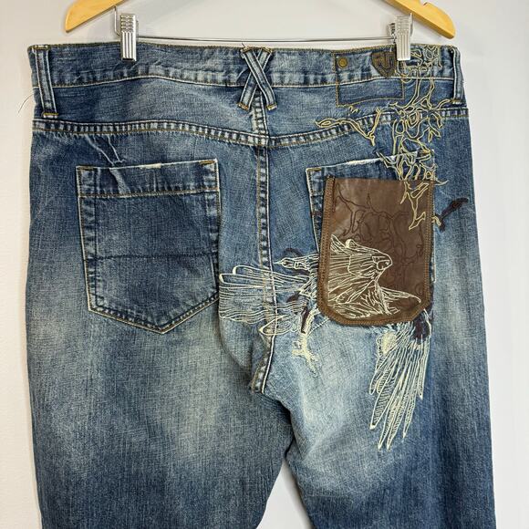 Artful Dodger Baggy Mens Bird Of Prey Embroidered Jeans Straight Wide Y2K 40x34 - Picture 7 of 12